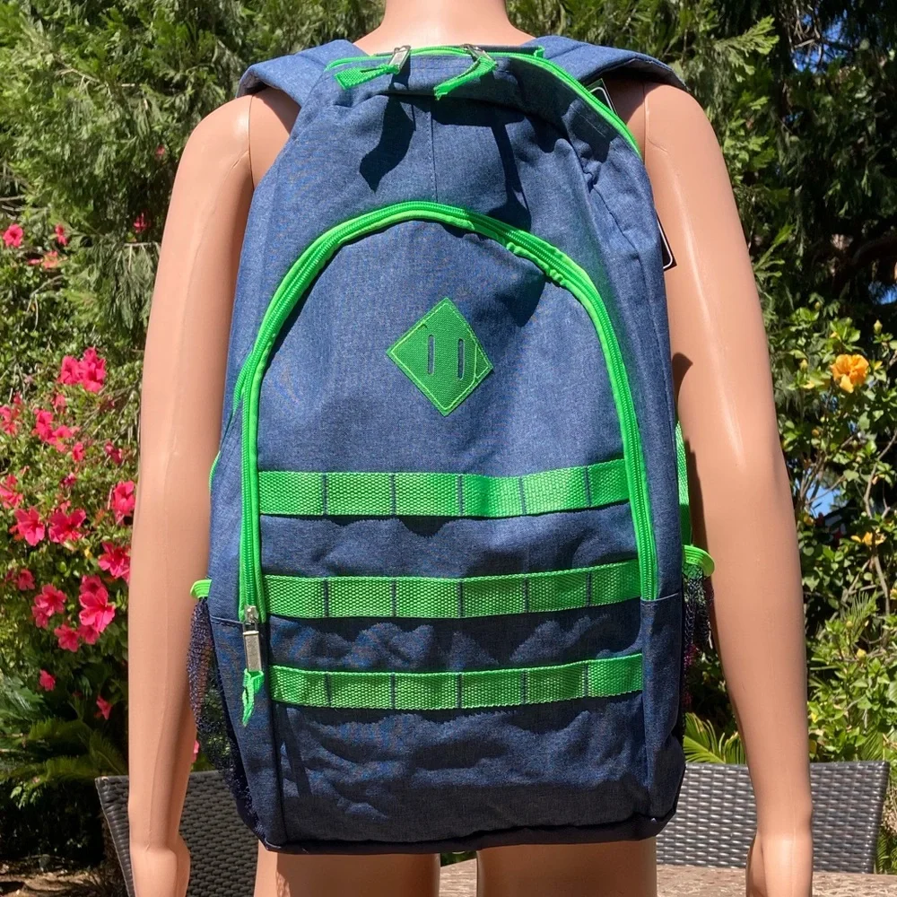 Navy Heather Backpack with Green Trim and Side Pockets New